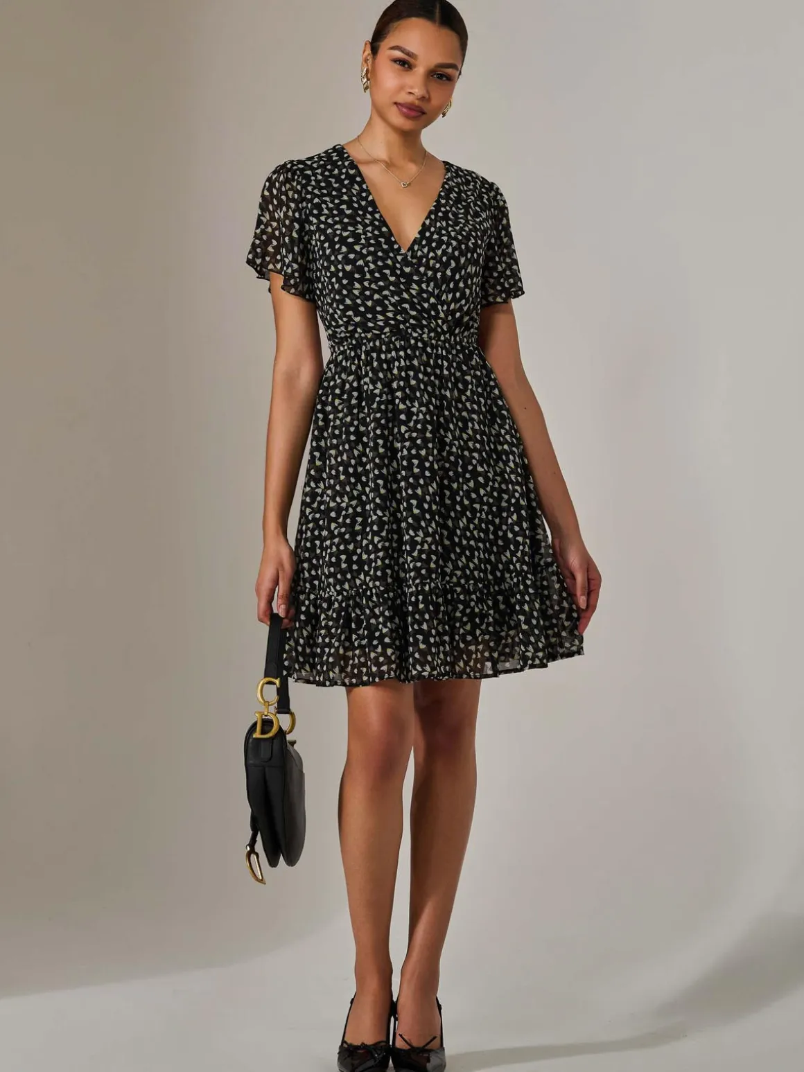 Chiffon Short Sleeve Tie Waist Mini Dress, Black Pattern