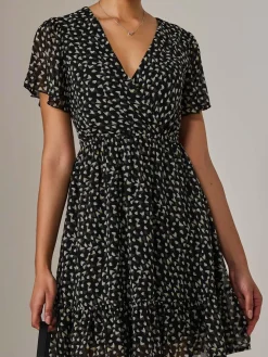 Chiffon Short Sleeve Tie Waist Mini Dress, Black Pattern