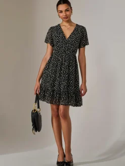 Chiffon Short Sleeve Tie Waist Mini Dress, Black Pattern
