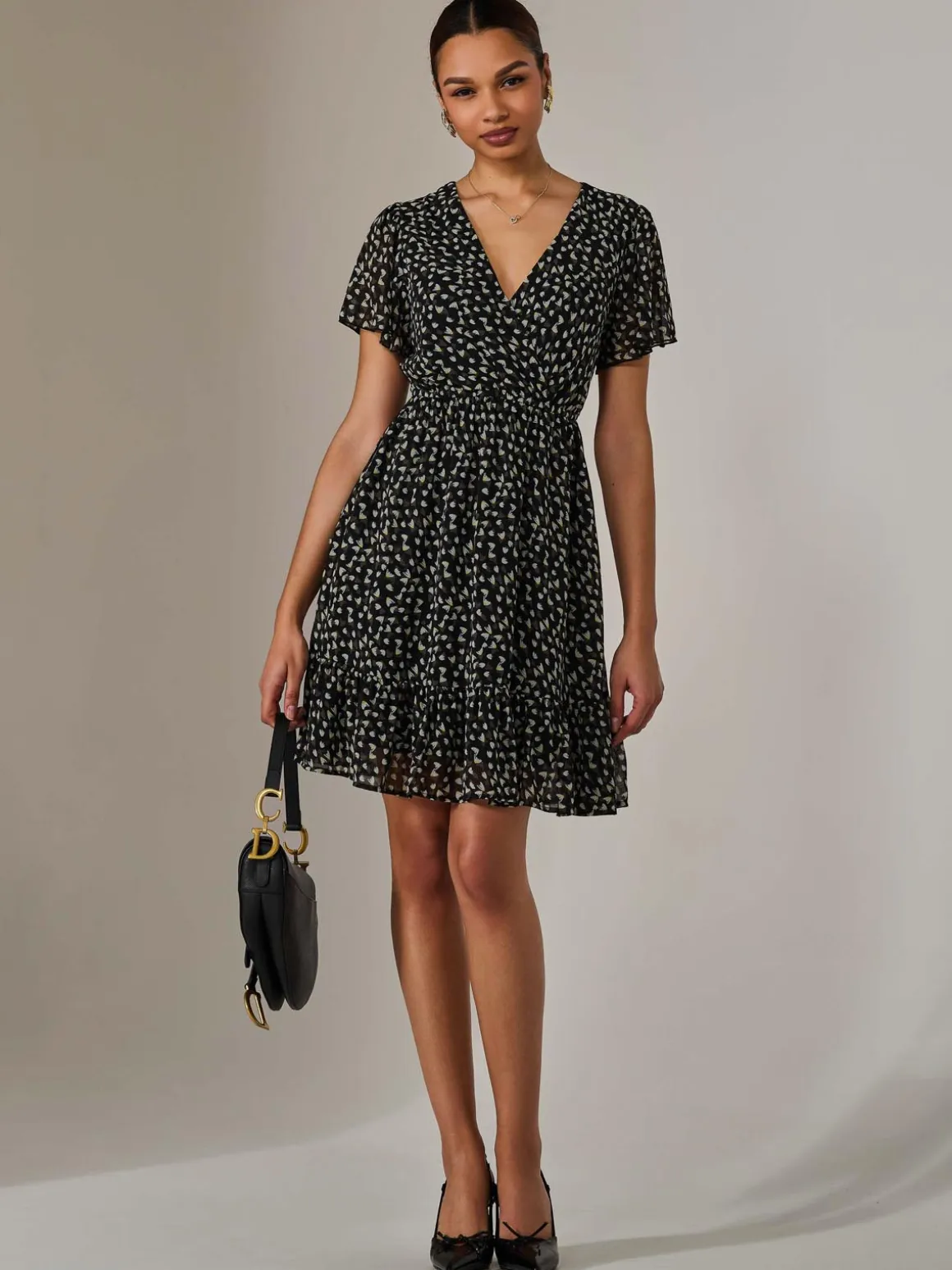 Chiffon Short Sleeve Tie Waist Mini Dress, Black Pattern