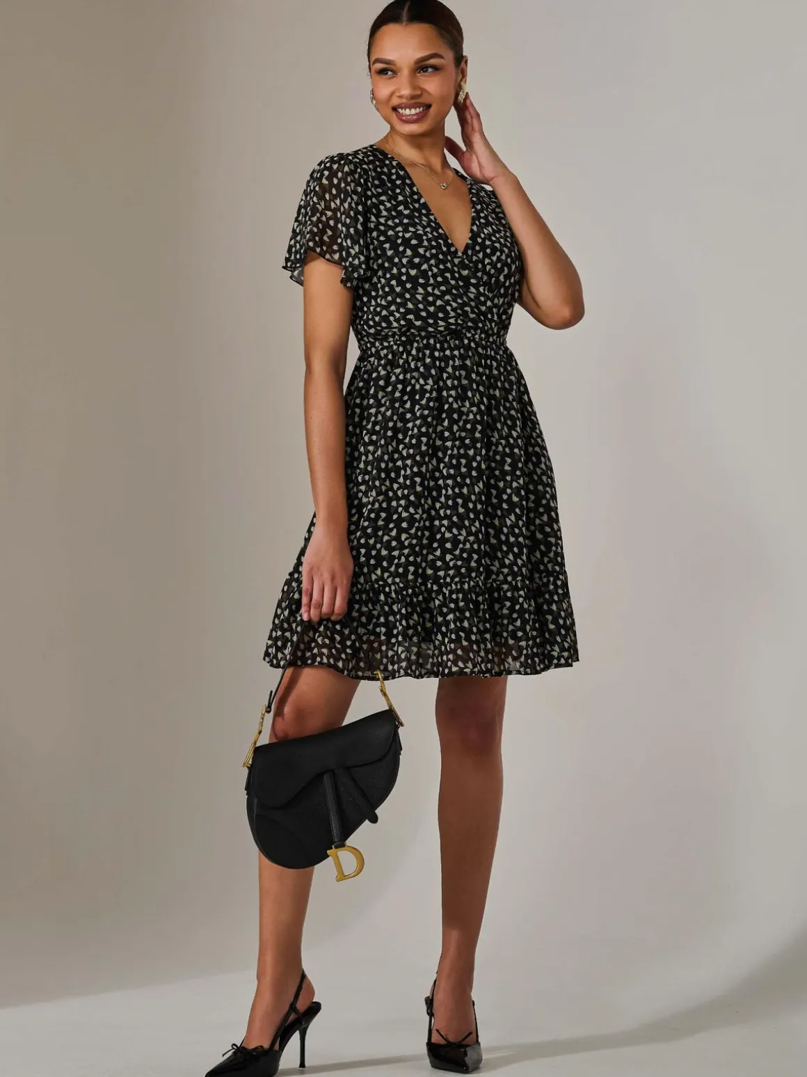 Chiffon Short Sleeve Tie Waist Mini Dress, Black Pattern