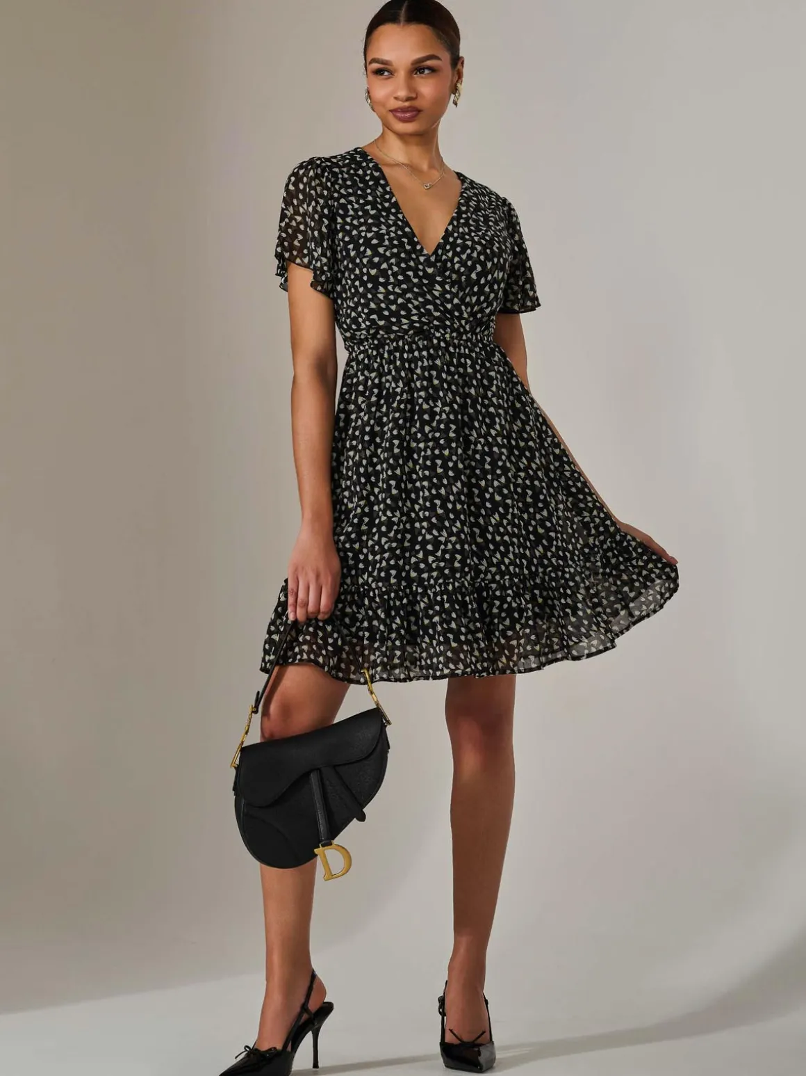 Chiffon Short Sleeve Tie Waist Mini Dress, Black Pattern