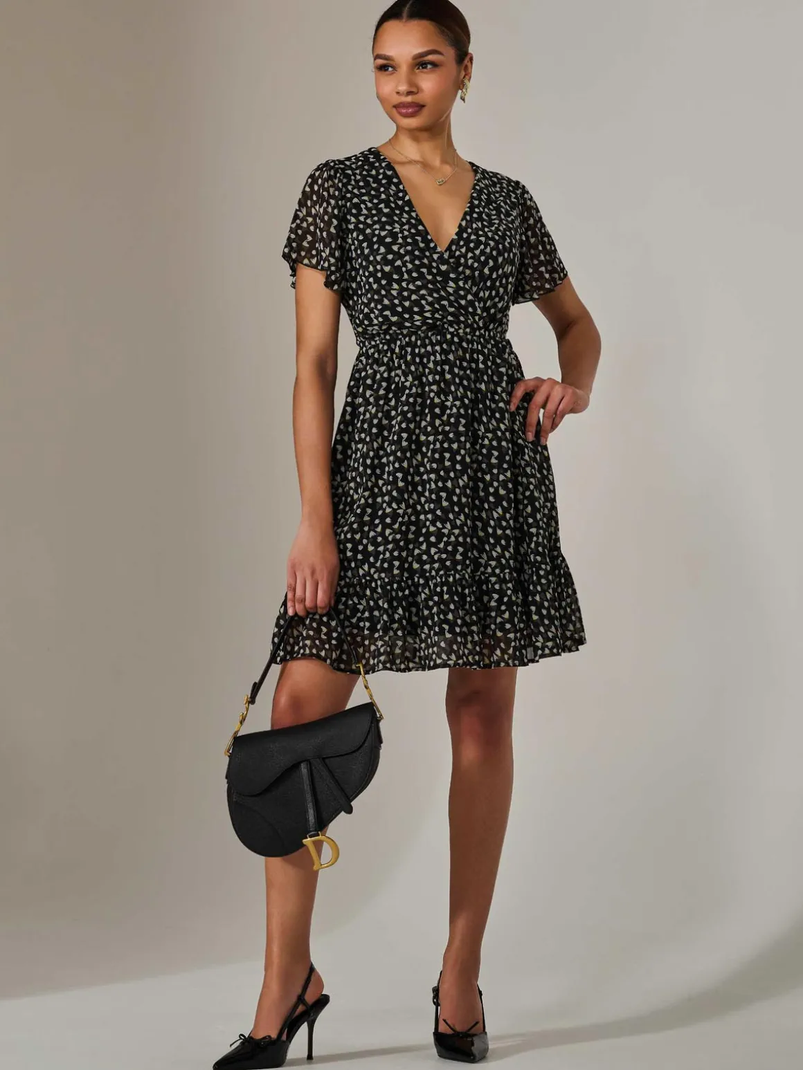 Chiffon Short Sleeve Tie Waist Mini Dress, Black Pattern