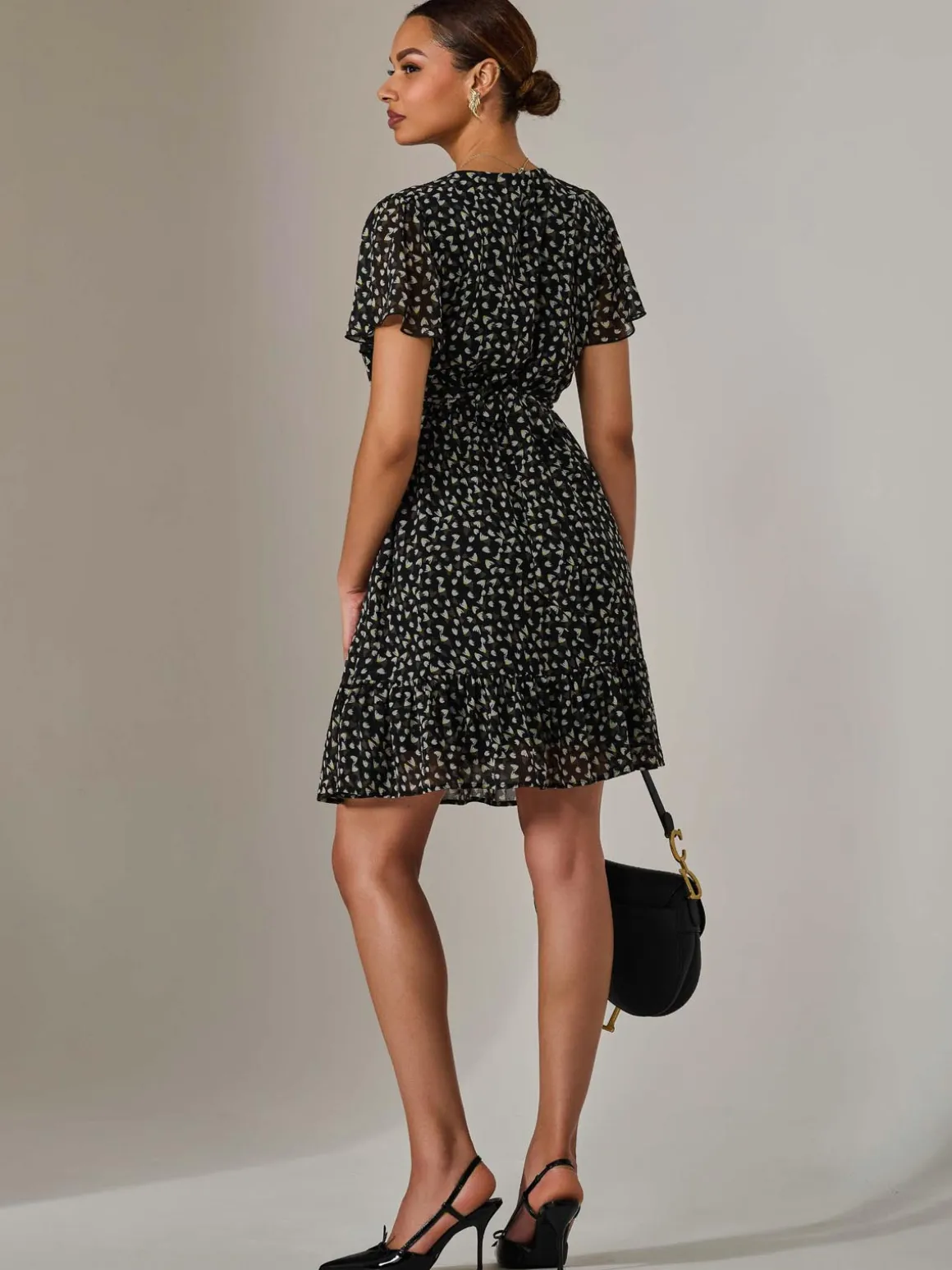 Chiffon Short Sleeve Tie Waist Mini Dress, Black Pattern