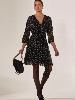 Chiffon 3/4 Sleeve Mini Dress, Black Floral