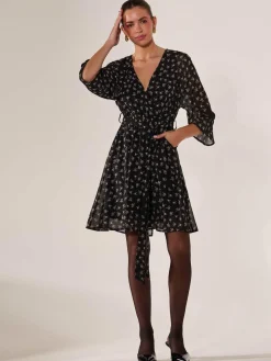 Chiffon 3/4 Sleeve Mini Dress, Black Floral