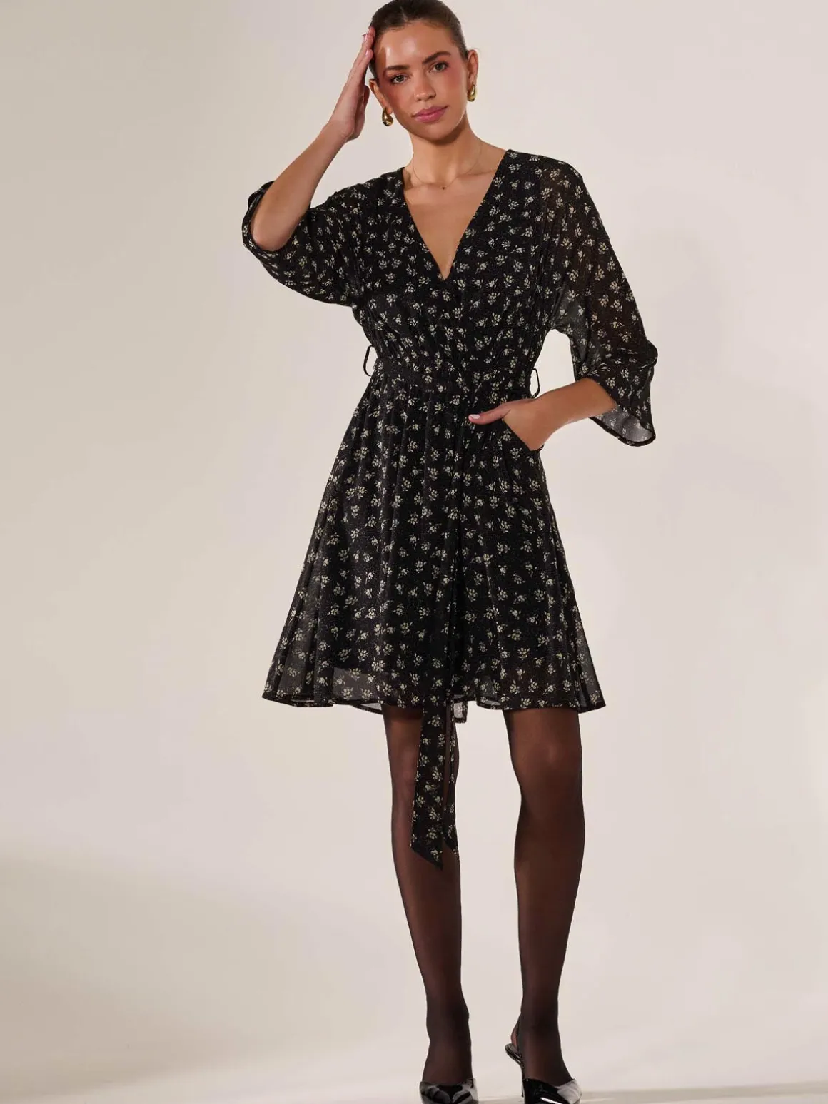 Chiffon 3/4 Sleeve Mini Dress, Black Floral
