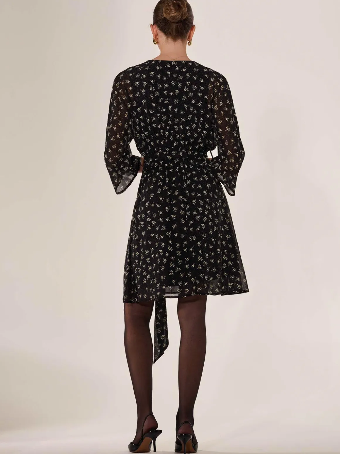 Chiffon 3/4 Sleeve Mini Dress, Black Floral