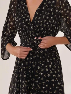 Chiffon 3/4 Sleeve Mini Dress, Black Floral