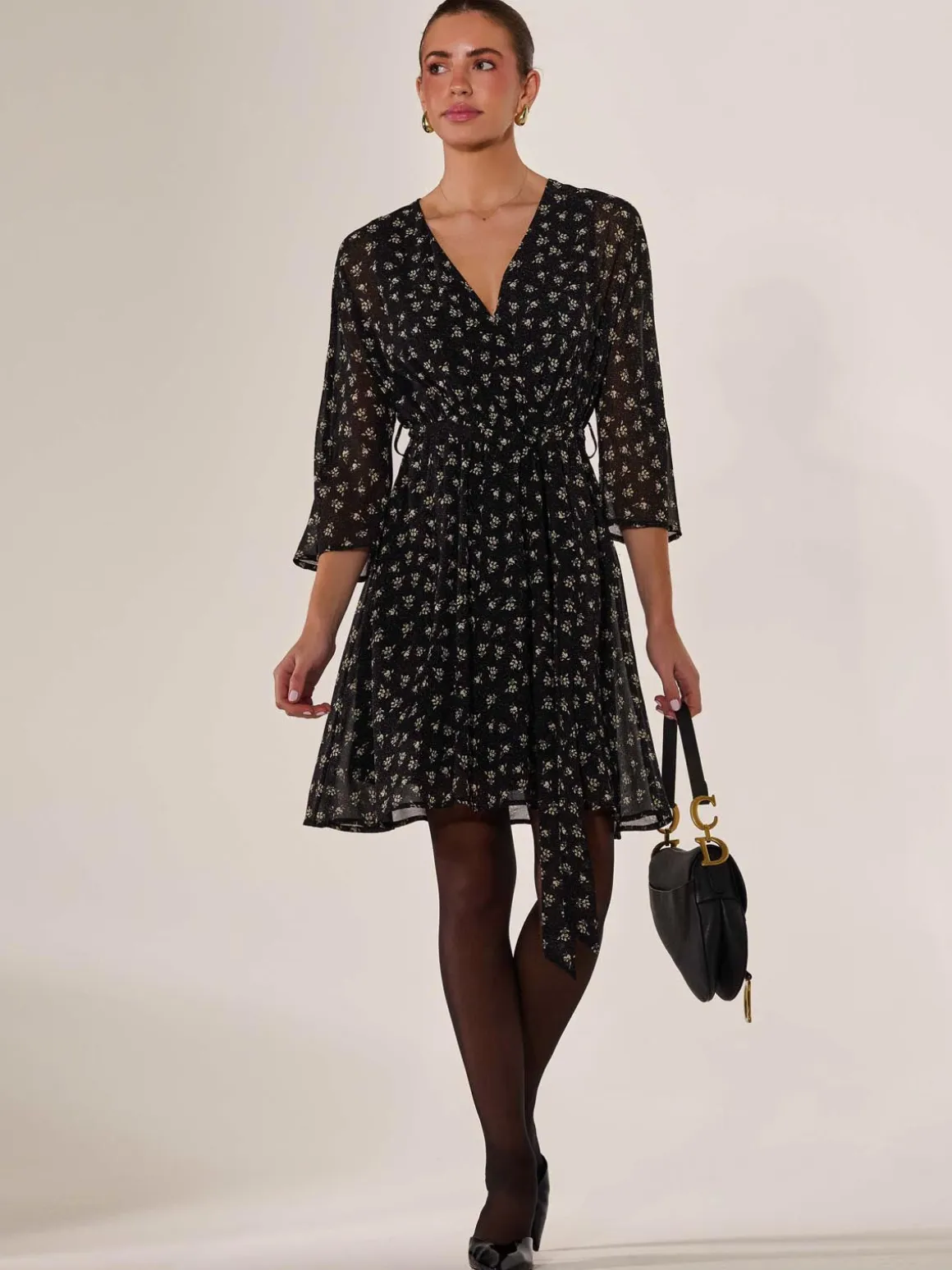 Chiffon 3/4 Sleeve Mini Dress, Black Floral