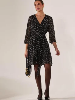 Chiffon 3/4 Sleeve Mini Dress, Black Floral