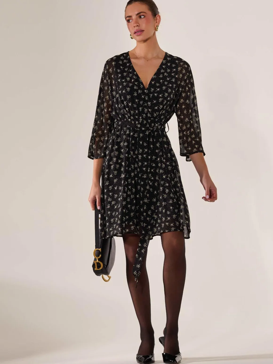 Chiffon 3/4 Sleeve Mini Dress, Black Floral