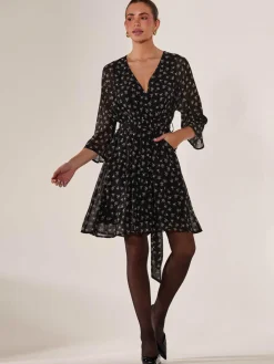 Chiffon 3/4 Sleeve Mini Dress, Black Floral