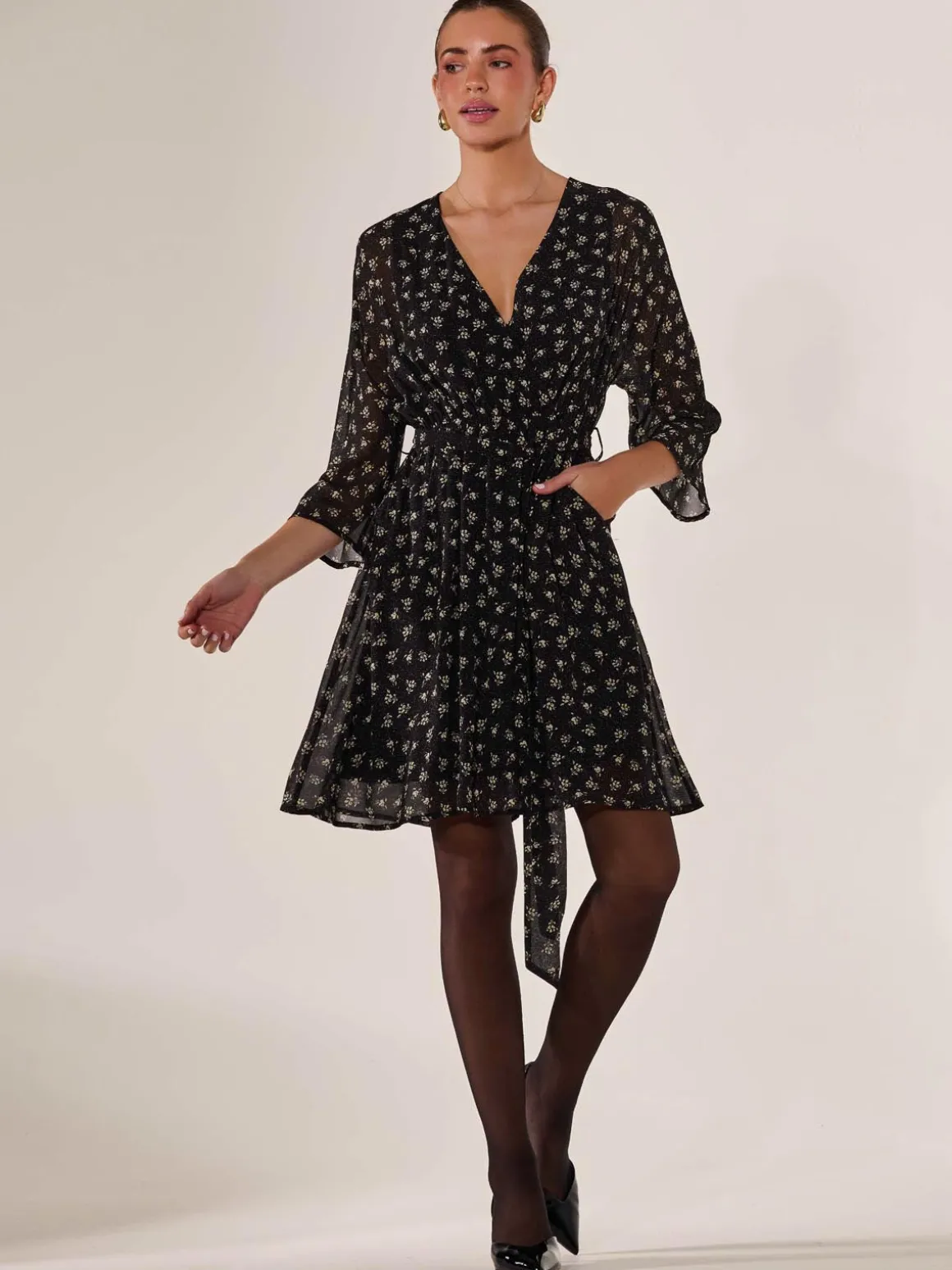 Chiffon 3/4 Sleeve Mini Dress, Black Floral
