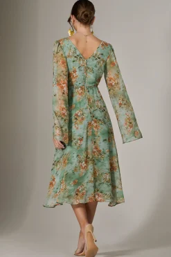 Chiffon Split Sleeve Midaxi Dress, Green Floral