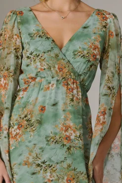 Chiffon Split Sleeve Midaxi Dress, Green Floral
