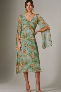 Chiffon Split Sleeve Midaxi Dress, Green Floral