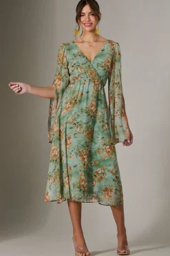 Chiffon Split Sleeve Midaxi Dress, Green Floral