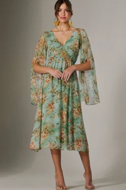 Chiffon Split Sleeve Midaxi Dress, Green Floral