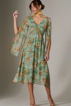 Chiffon Split Sleeve Midaxi Dress, Green Floral