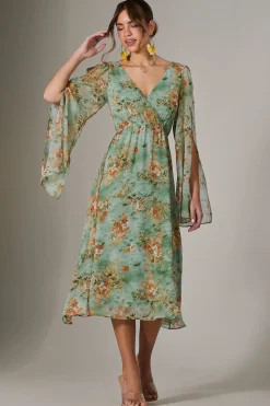 Chiffon Split Sleeve Midaxi Dress, Green Floral