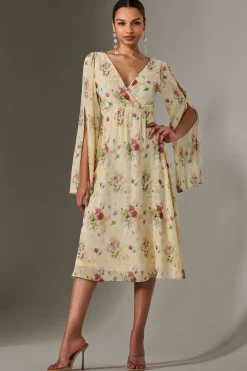 Chiffon Split Sleeve Midaxi Dress, Yellow Floral