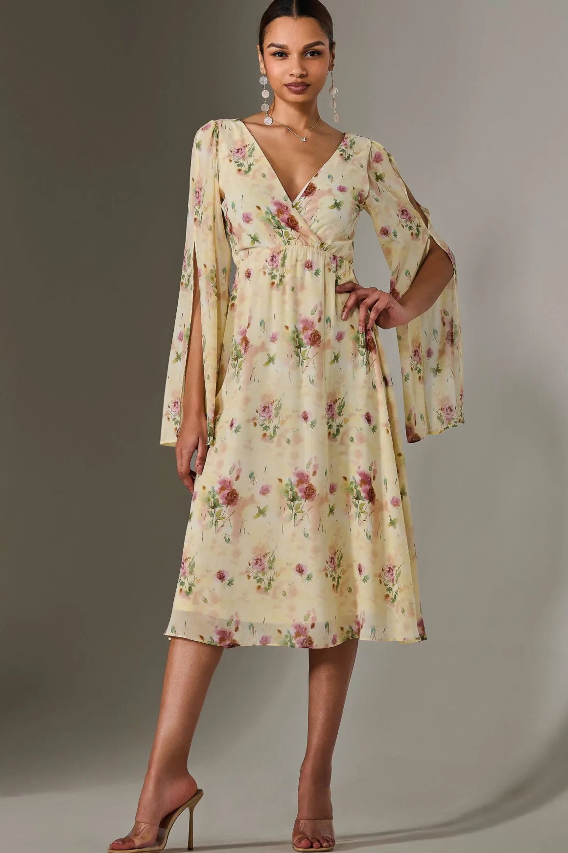 Chiffon Split Sleeve Midaxi Dress, Yellow Floral