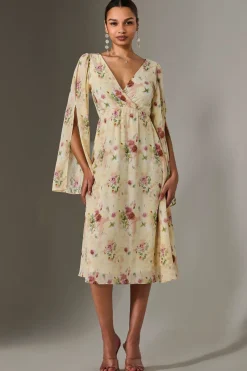 Chiffon Split Sleeve Midaxi Dress, Yellow Floral