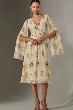Chiffon Split Sleeve Midaxi Dress, Yellow Floral