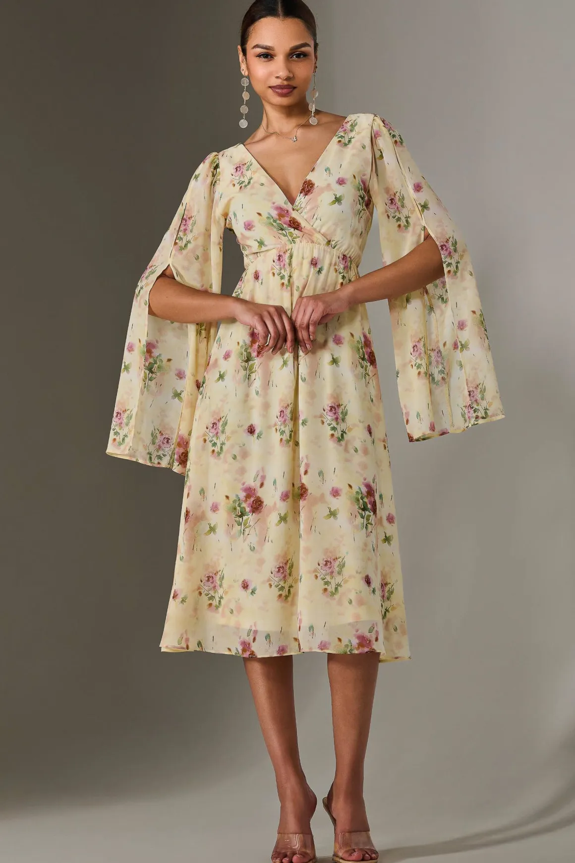 Chiffon Split Sleeve Midaxi Dress, Yellow Floral