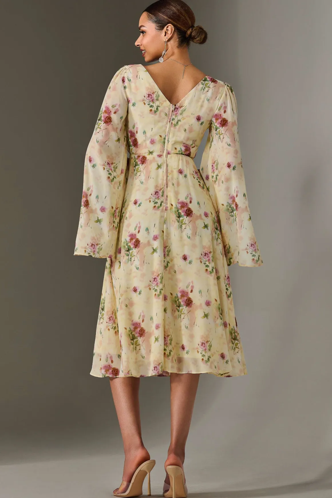 Chiffon Split Sleeve Midaxi Dress, Yellow Floral