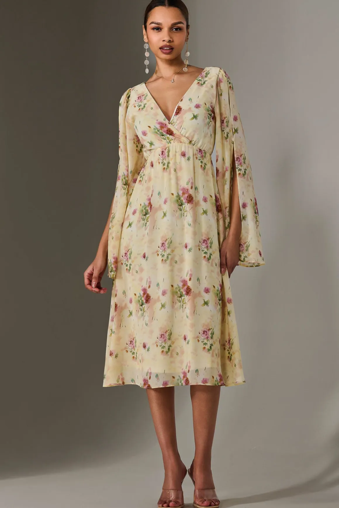 Chiffon Split Sleeve Midaxi Dress, Yellow Floral