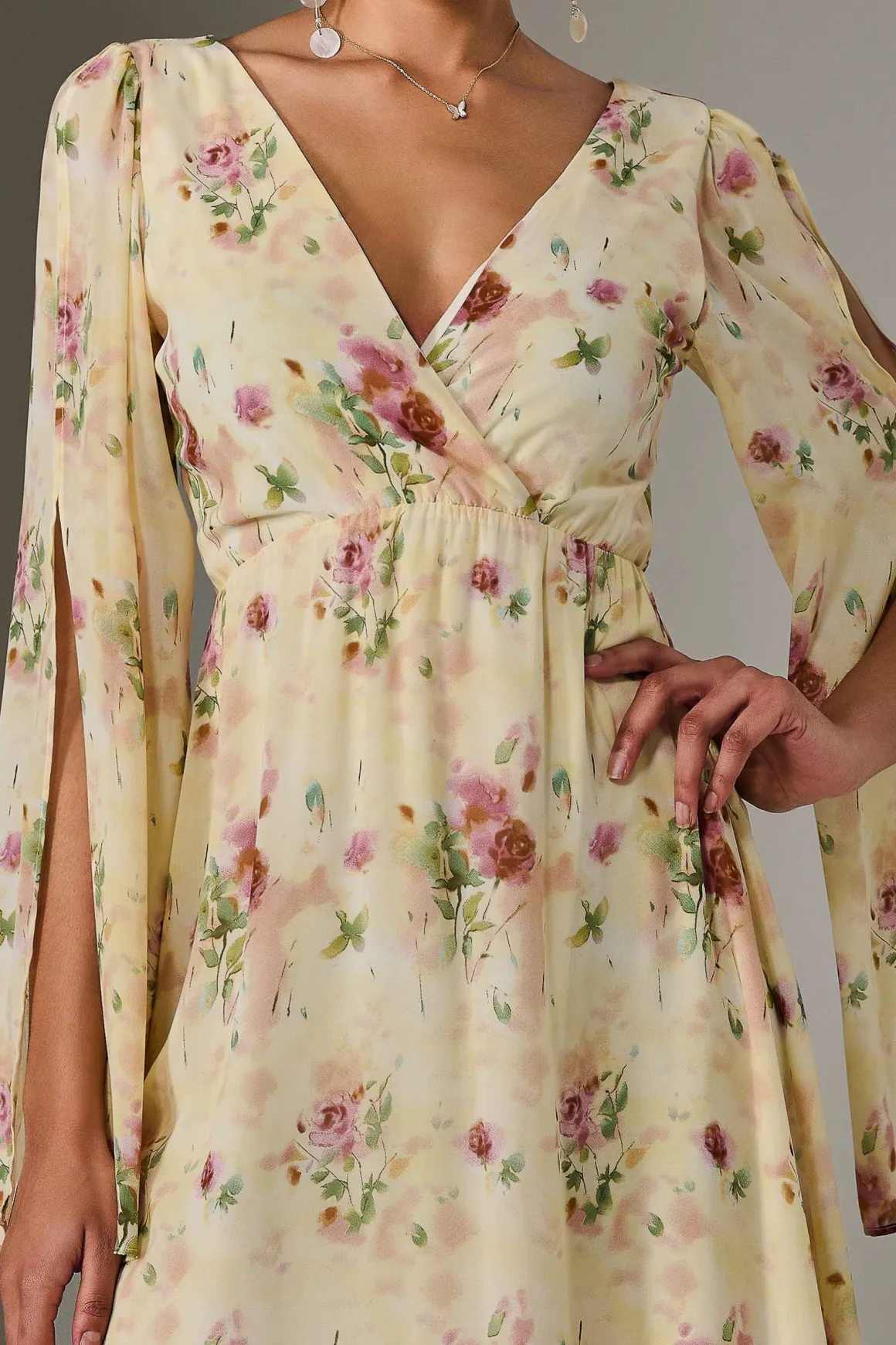 Chiffon Split Sleeve Midaxi Dress, Yellow Floral