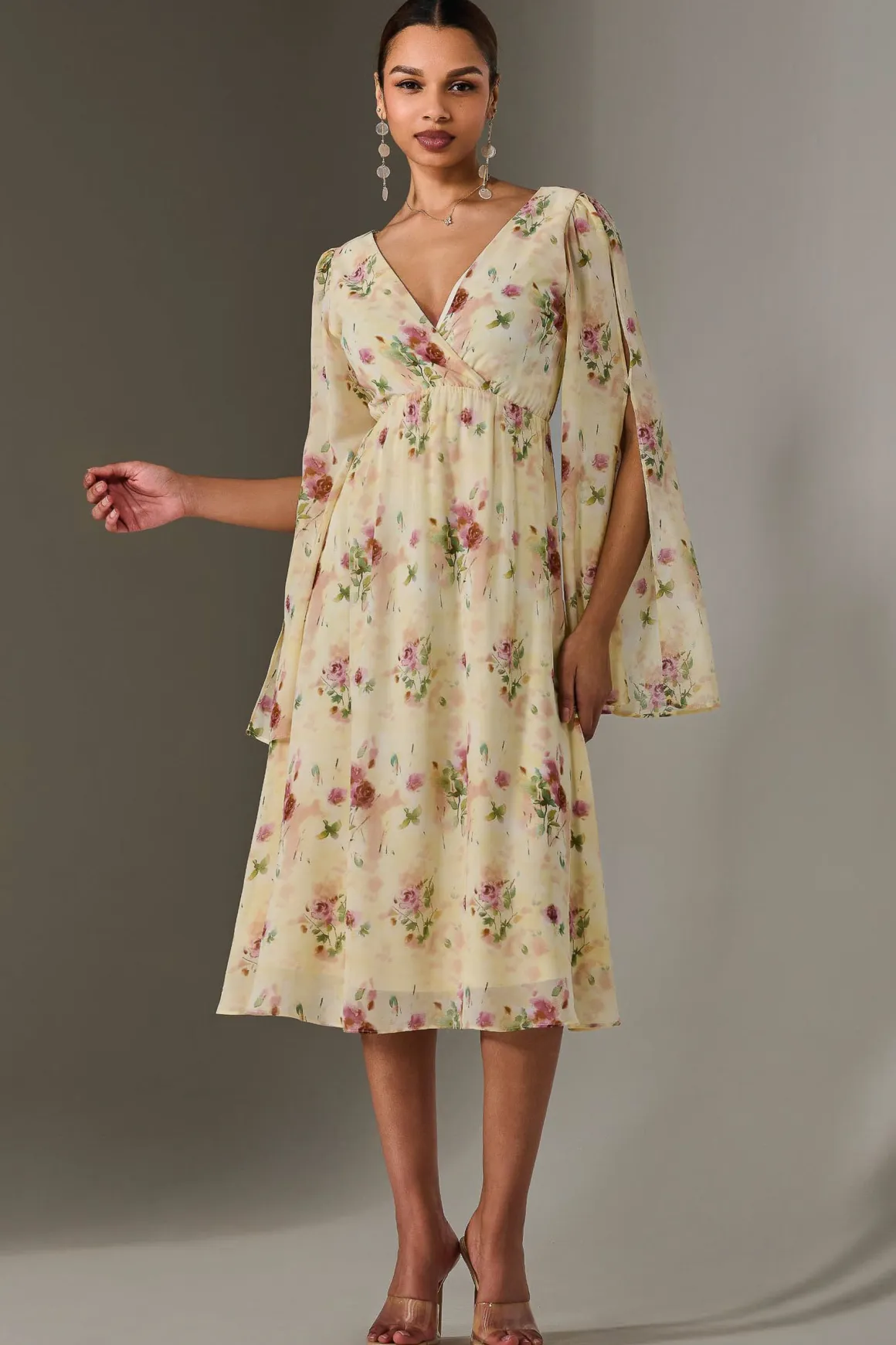 Chiffon Split Sleeve Midaxi Dress, Yellow Floral