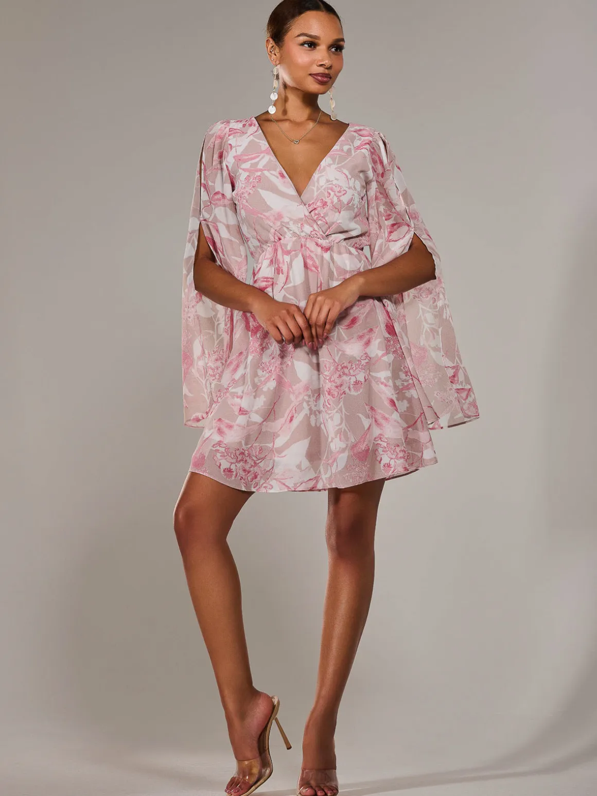 Chiffon Split Sleeve Mini Dress, Pink Floral