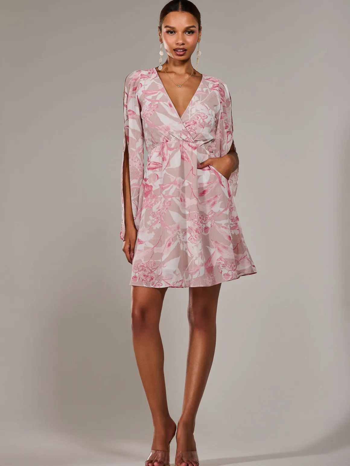Chiffon Split Sleeve Mini Dress, Pink Floral