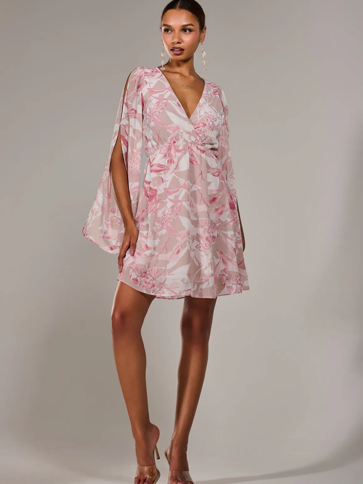 Chiffon Split Sleeve Mini Dress, Pink Floral