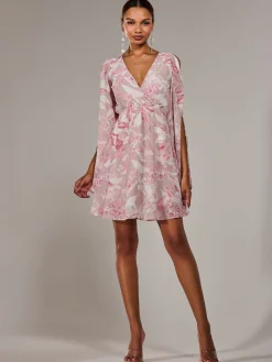 Chiffon Split Sleeve Mini Dress, Pink Floral
