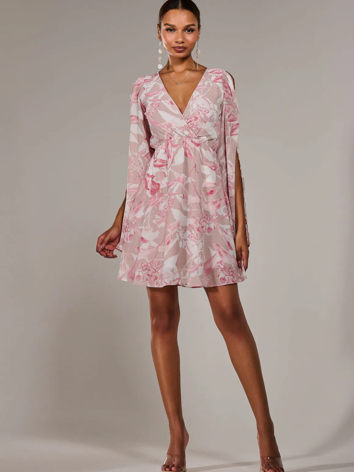 Chiffon Split Sleeve Mini Dress, Pink Floral