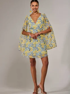 Chiffon Split Sleeve Mini Dress, Yellow Floral