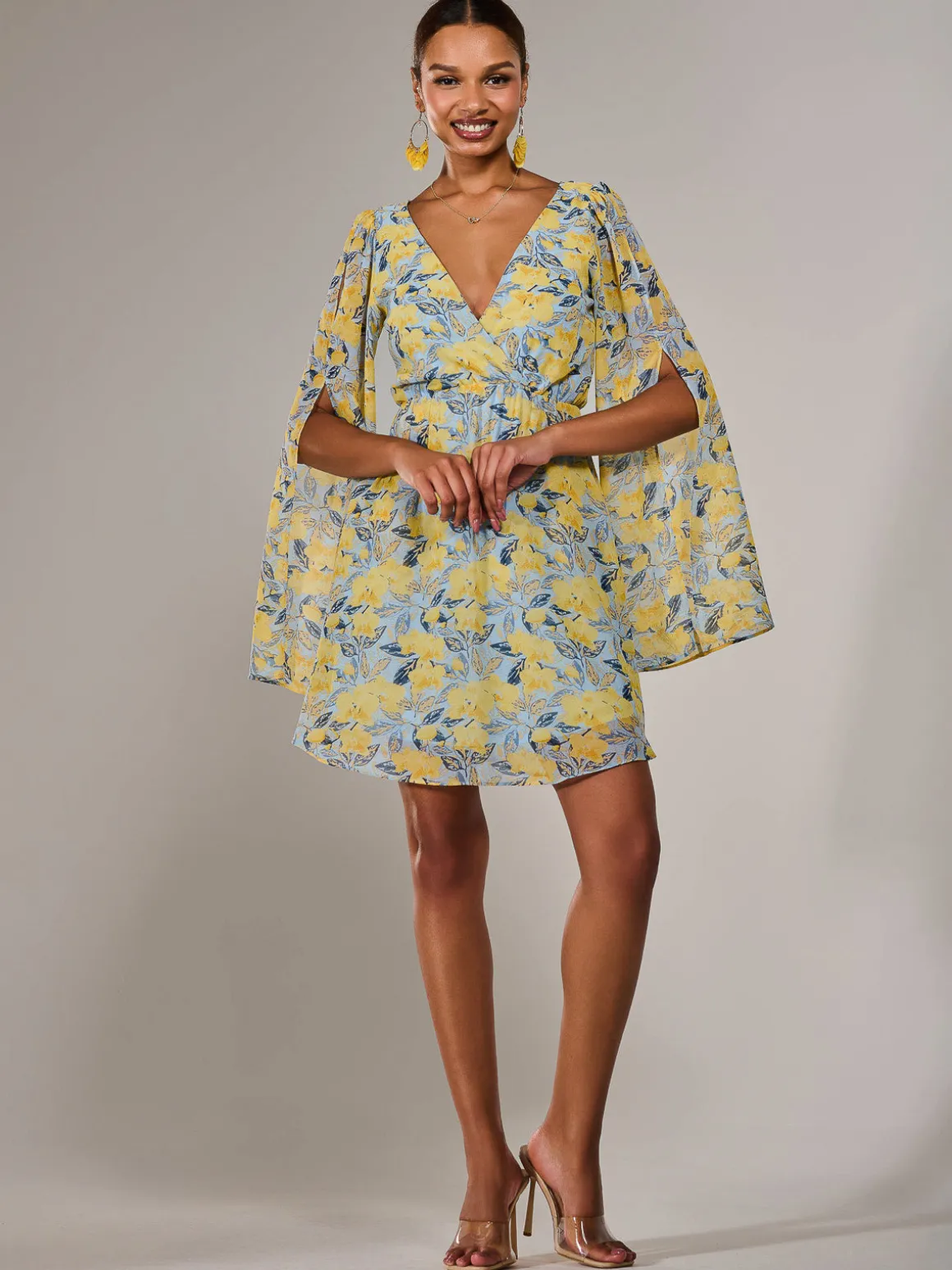 Chiffon Split Sleeve Mini Dress, Yellow Floral