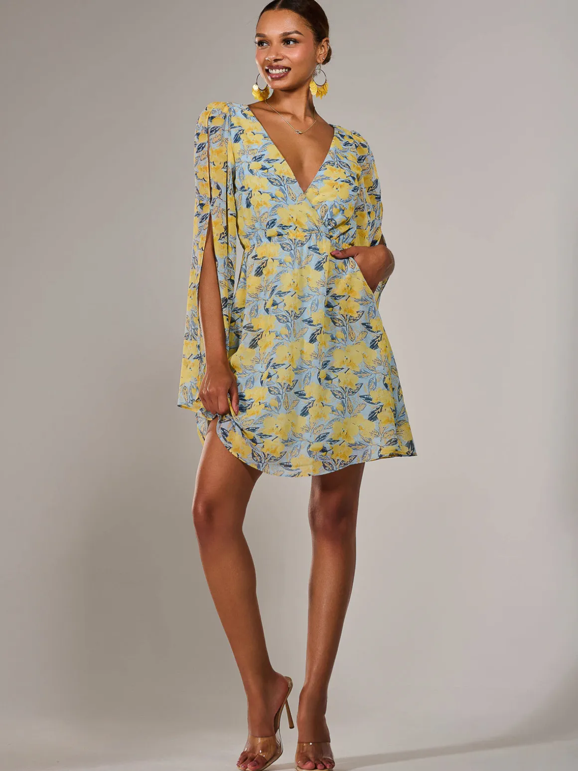 Chiffon Split Sleeve Mini Dress, Yellow Floral