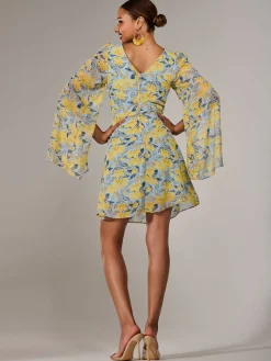 Chiffon Split Sleeve Mini Dress, Yellow Floral