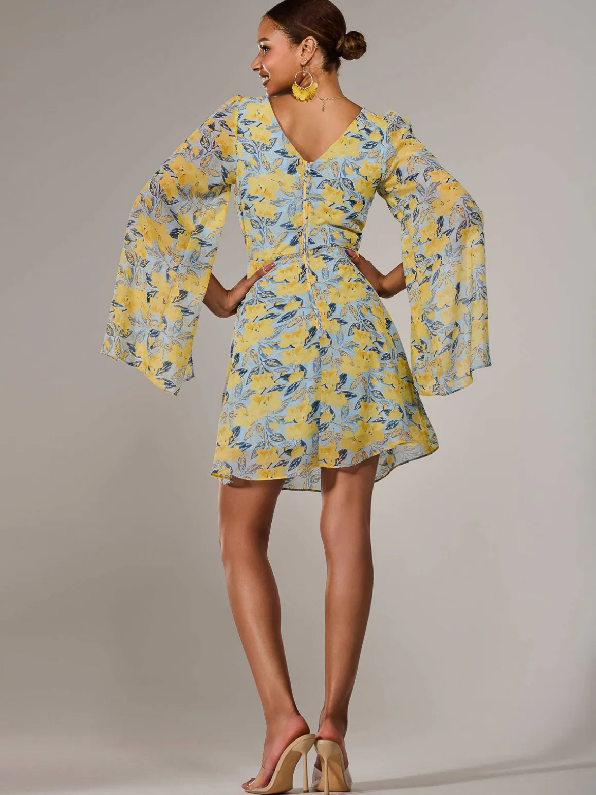 Chiffon Split Sleeve Mini Dress, Yellow Floral