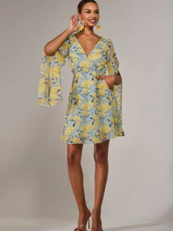 Chiffon Split Sleeve Mini Dress, Yellow Floral