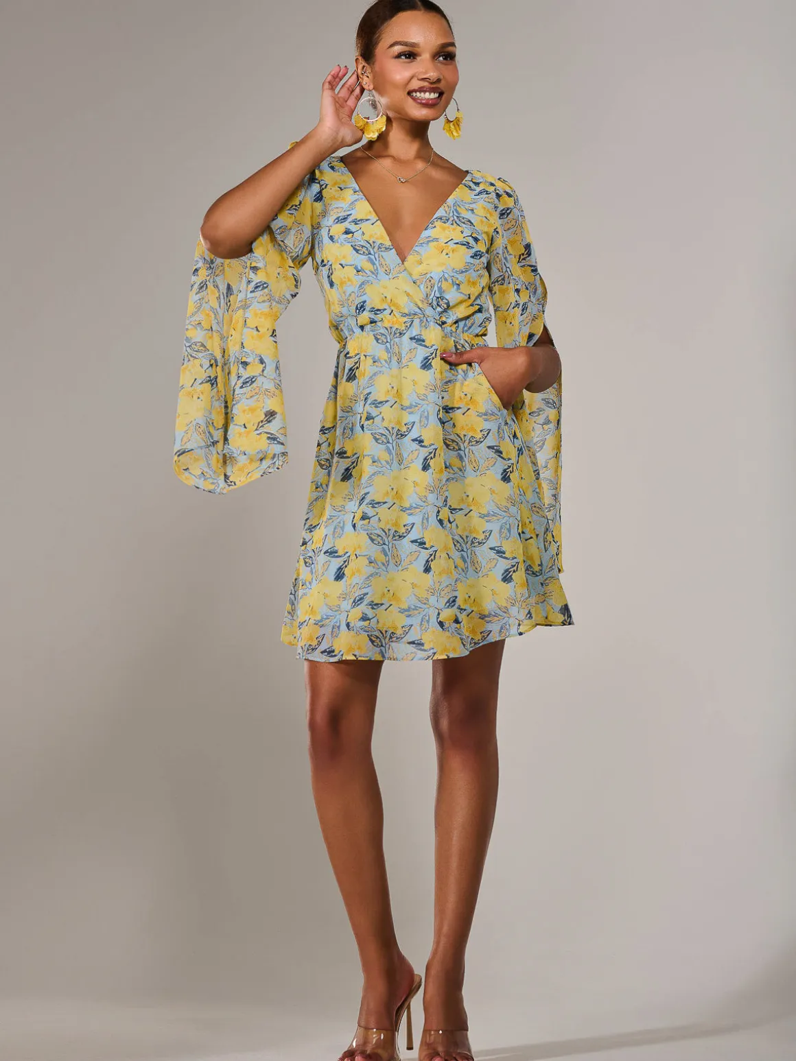 Chiffon Split Sleeve Mini Dress, Yellow Floral