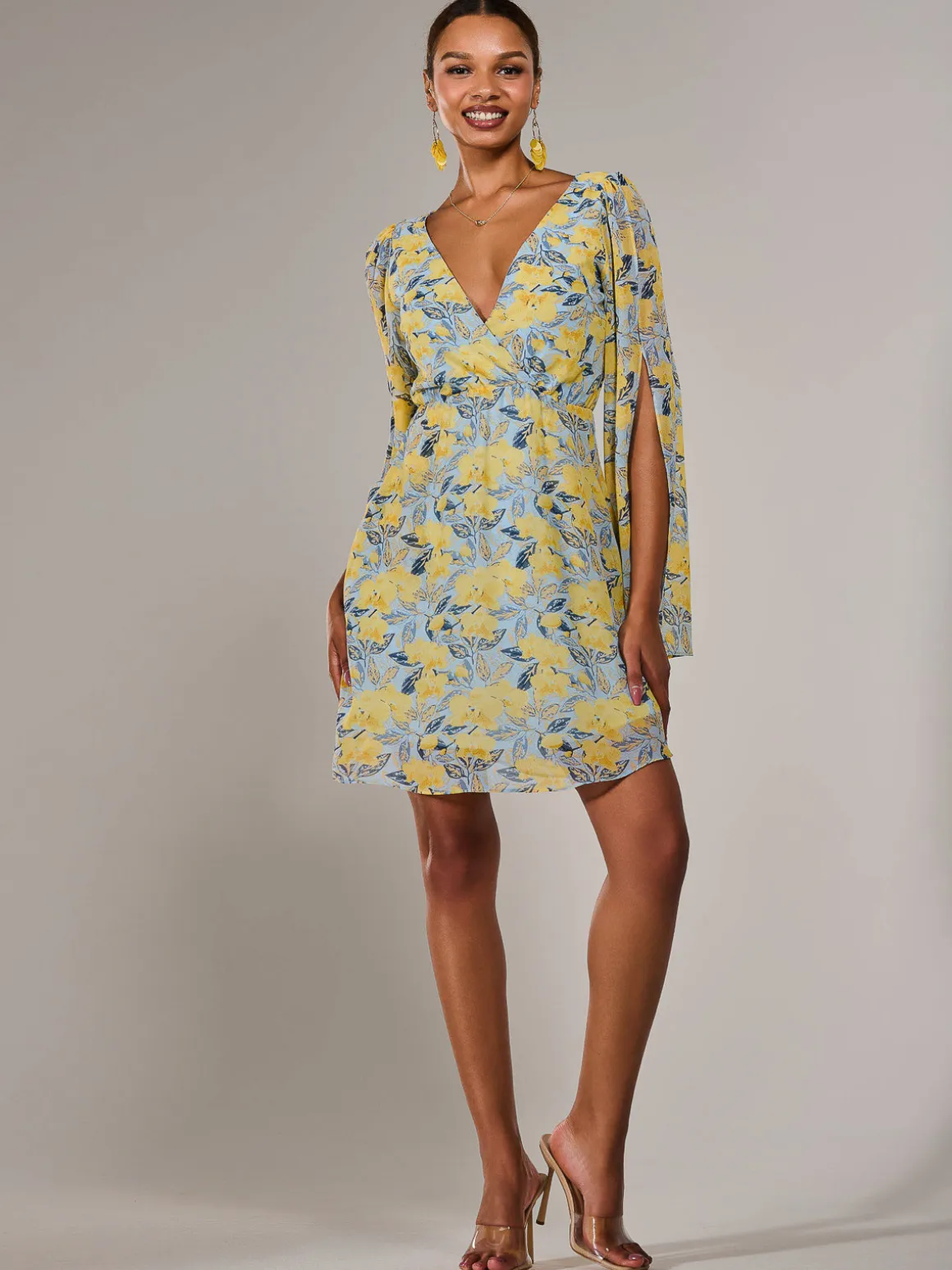 Chiffon Split Sleeve Mini Dress, Yellow Floral