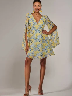 Chiffon Split Sleeve Mini Dress, Yellow Floral