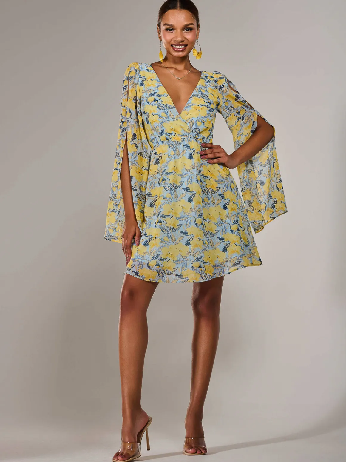 Chiffon Split Sleeve Mini Dress, Yellow Floral