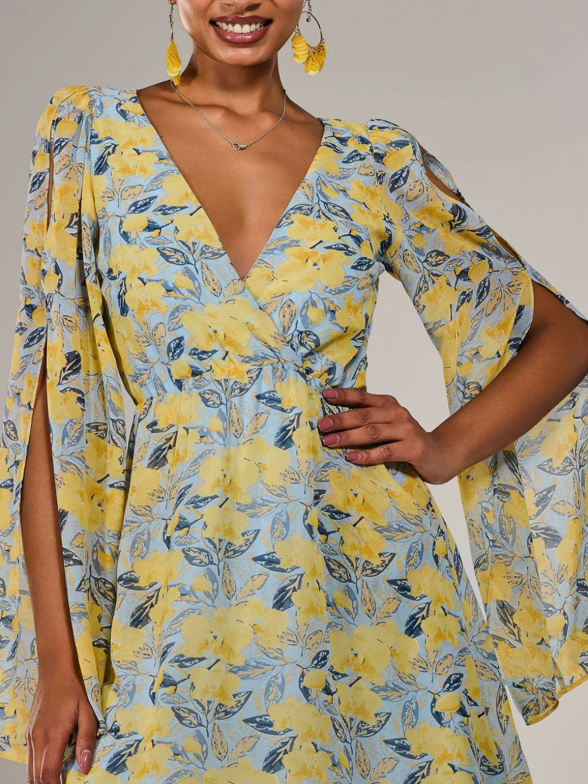 Chiffon Split Sleeve Mini Dress, Yellow Floral
